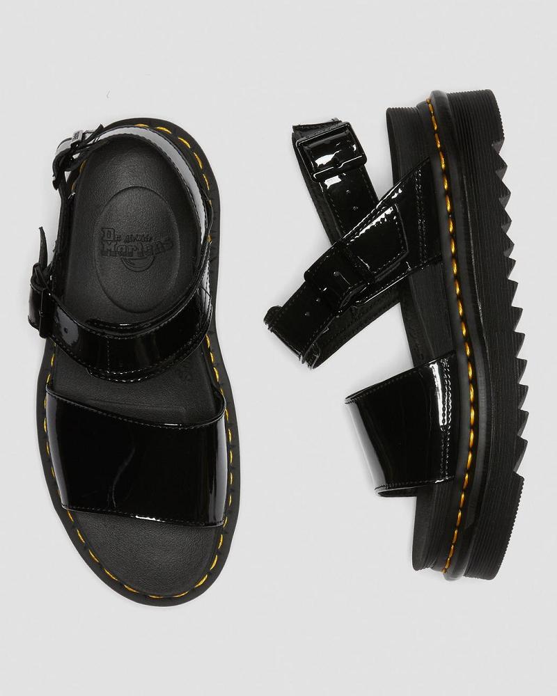 Dr Martens Voss Lak Læder Sandaler Med Rem Dame Sort | DK 330XYU